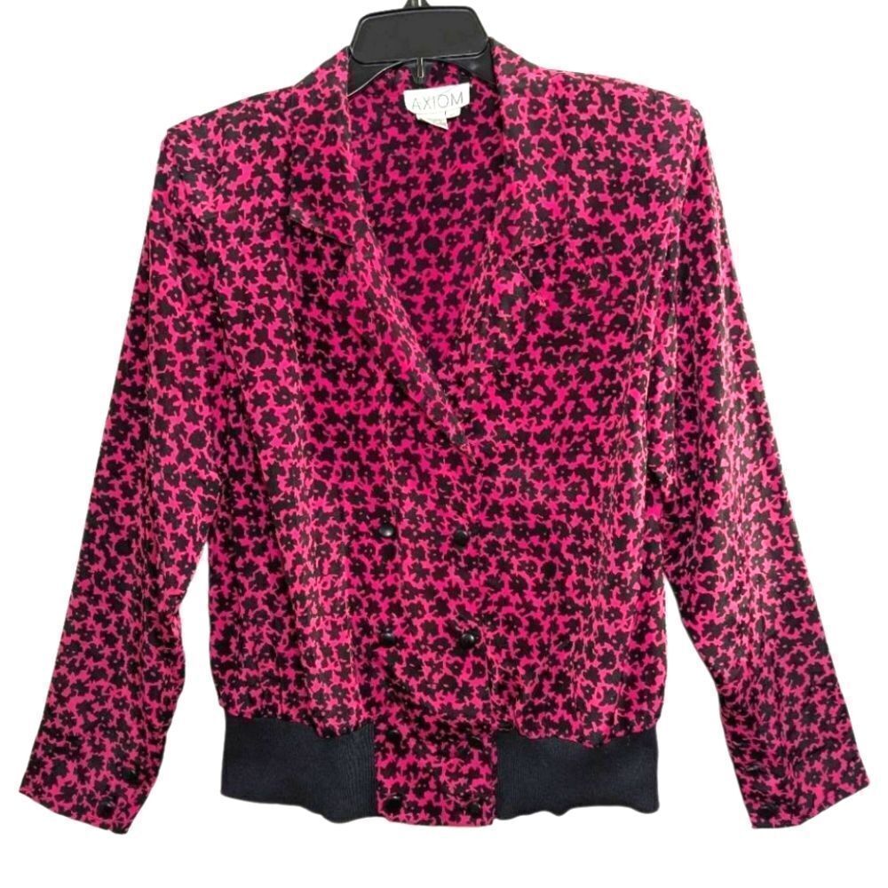 Vintage 90s Axiom Pink Black Geometric Floral Button Shoulder Pad Blouse Top 12